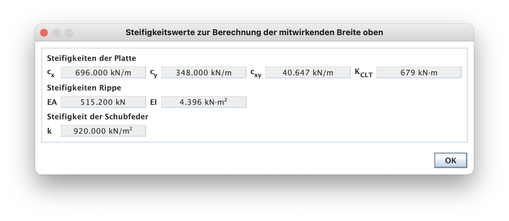 Steifigkeiten der BSP-Platte sowie der Rippe und der Schubfeder