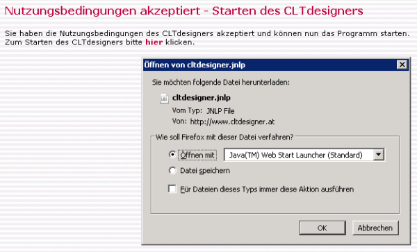 Starten des CLTdesigners über den Java Web Start Launcher